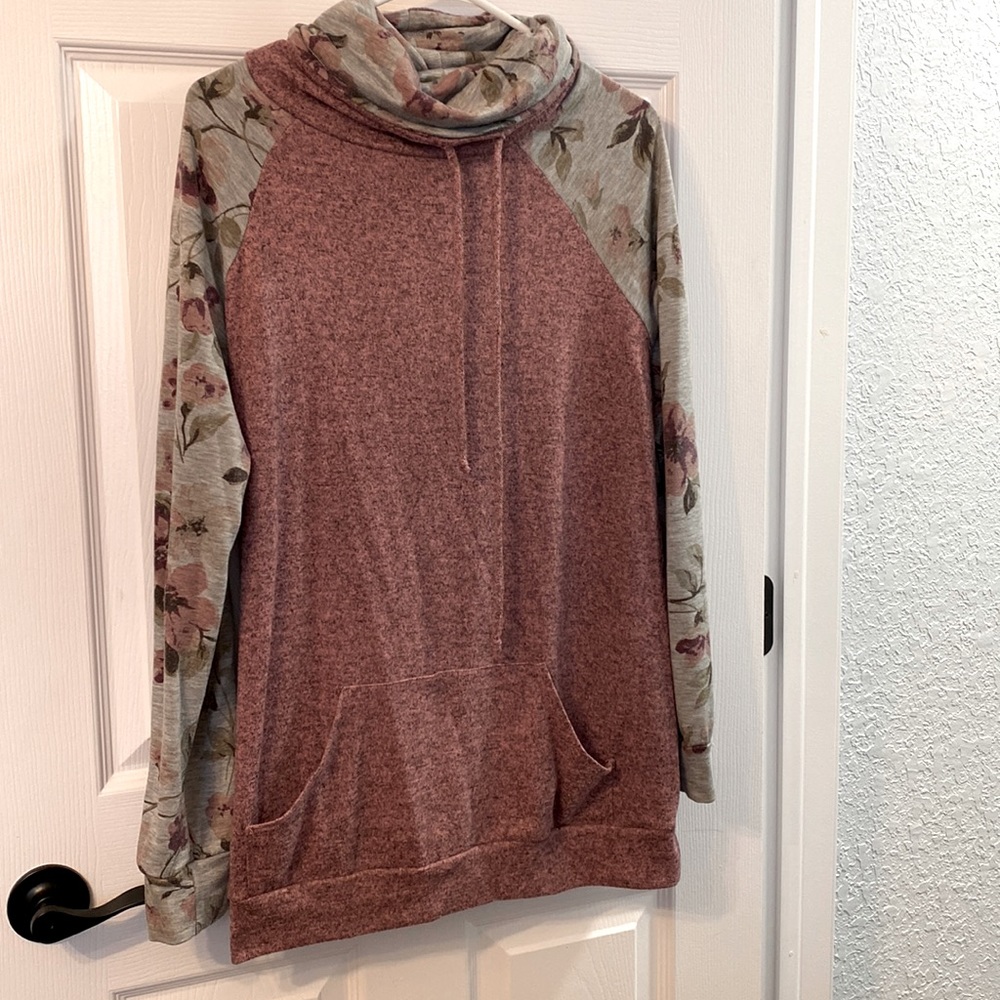 Pink cowl neck sweatshirt with floral design